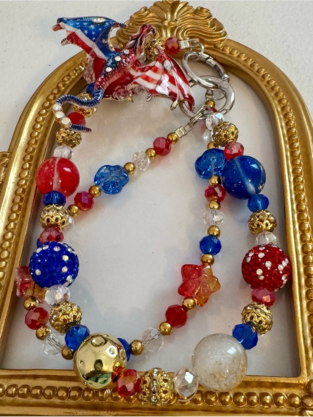 New Patriotic Red Blue Gold Crystal Beaded Dragon Phone Chain/Bag Chain